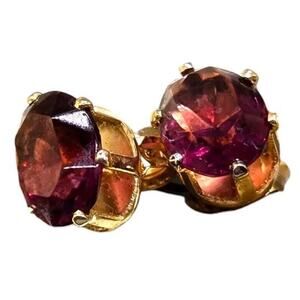 Pierced Red Purple Crystal Earrings Signed Faceted Stone Prong Set Gold Tone